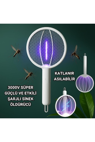 Polham 1200mah Şarjlı 3000v Katlanabilir Ultra Güçlü Sinek Ve Sivrisinek Öldürücü, 3in1 Askılı Standlı