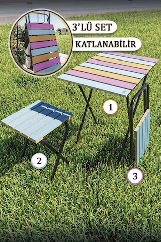 Bino Yükseklik Ayarlı Ahşap Bistro Set Kamp Masası Taburesi 3'lü Set Çok Renkli