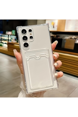 Samsung Galaxy S23 Ultra Uyumlu Kartlıklı Kılıf Kamera Korumalı Anti Şok Şeffaf Kapak Şeffaf
