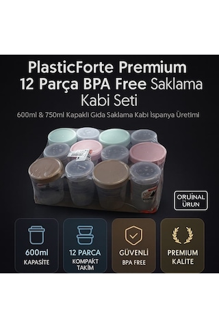 Plasticforte Premium 12 Parça Bpa Free Saklama Kabı Seti 600ml & 750ml Kapaklı Gıda Saklama Kabı İspanya Üretimi Çok Renkli