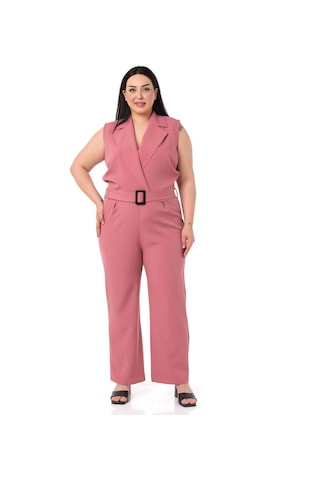 Büyük Beden Kruvaze Beli Lastikli Fermuar Kapamalı Kemerli Gül Kurusu Tulum-gül Kurusu Gülkurusu