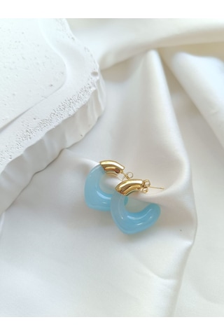 Mavi Çelik Bombeli Küpe Altın