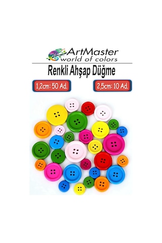 Renkli Ahşap Düğme 60 Adet 1 Paket Sanat Etkinlik Okul Kreş Anasınıfı 1.2cm 50 Adet 2.5cm 10 Adet Süsleme Düğmesi