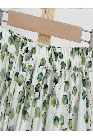 Qooth İlkbahar Yaz Kadın Yüksek Belli Çiçek Baskılı Etekler Elastik Bel Zarif Rahat Keten Pamuk Midi Yeşil Etekler Qt1712 Yeşil