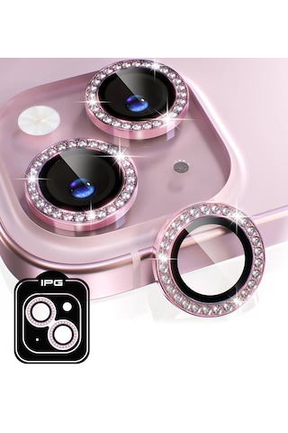 Apple Uyumlu iPhone 14 / 14 Plus İçin Ipg Kamera Lens Koruyucu - Taşlı - Pembe