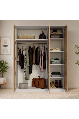 Midose Loren 3 Kapaklı, 6 Raf Bölmeli, Askılıklı Geniş Elbise Dolabı, Gardırop Ceviz&beyaz Ceviz Kapak&beyaz Gövde