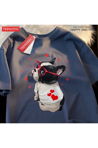 Startmore Y2k Vintage Tişört Tee Sevimli Köpek Geri Bakmak Baskı Mavi