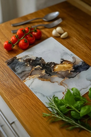 Cam Kesme Tahtası, Kesme Tablası Kenarları Oval, Antibakteriyal, Sunum Tahtası Siyah Siyah