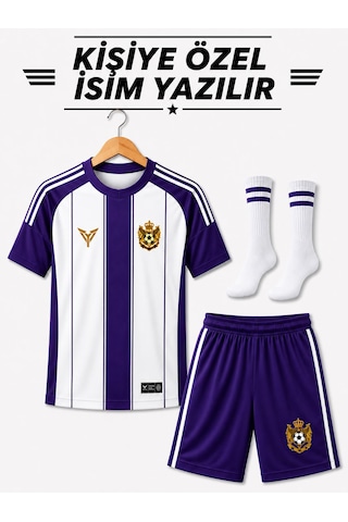 Yenteks İsim Yazılır Çocuk Futbol Forması Mor Beyaz Özel Tasarım 4 Parça Forma+şort+çorap+bileklik Mor - Beyaz