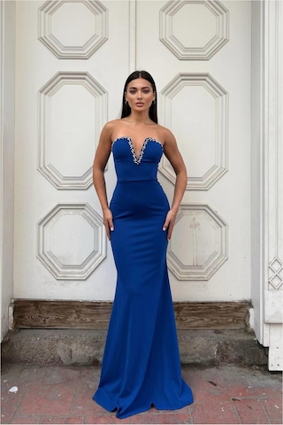 Lior Design Kadın Zarif Stil Krep Kumaş V Yaka Balık Kesim Abiye Elbise Saks