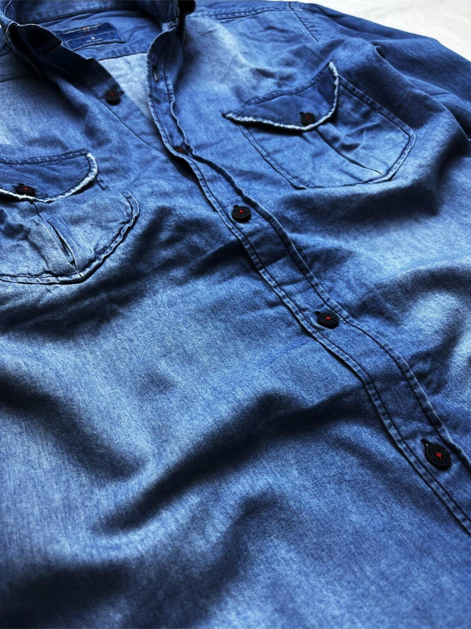 Slim Fit Saf Pamuk Denim Kumaş Kot Gömlek- Koyu Mavi- Çok Renkli