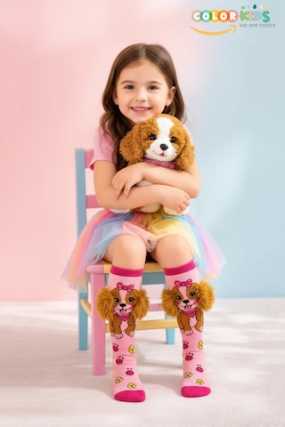 Color Socks 1 Çift Peluş Kulaklı Köpek Desenli Kız Çocuk Çorap Pembe