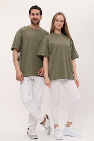 Unisex Haki Oversize Bol Kalıp T-shirt Çift Kombini Açık Haki