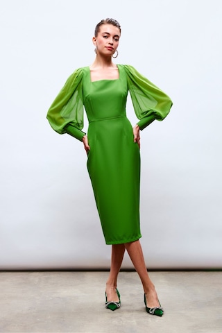 Sateen Şifon Kol Krep Elbise - Yeşil