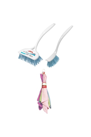 Flora 3 Lü Temizlik Seti, F367 Bulaşık Fırçası + F388 Lavabo Küvet Fırçası + F222 Mikrofiber Bez Seti