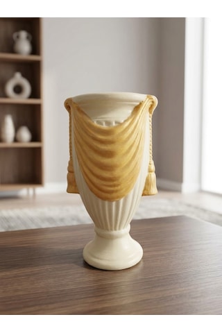 El Yapımı Seramik Vazo Ekru Gold 23x35 Cm - Lüks Şık Salon Konsol Masa Üstü Dekoratif Vazo Hediyelik