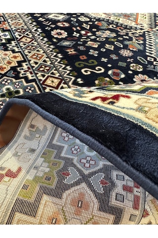 Asaryün Halı Ipek H4320al Lacivert İpeksi Geleneksel Renkli Göbekli Klasik Desen Salon Halısı Modern Renkli