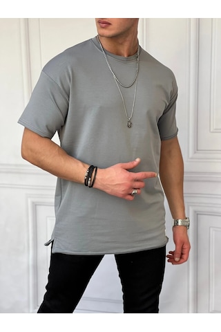 Modefendi Pamuk Likra Yırtmaç Detaylı 2 İplik Oversize Tshirt Gri
