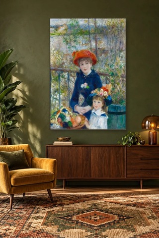 Fida Renoir Terasta Kırmızı Şapkalı İki Kız Kardeş Canvas Tablo Çok Renkli
