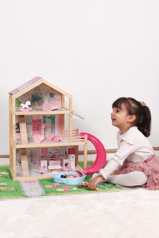 Pembe Ahşap Kaydıraklı Oyun Evi, Ahşap Oyun Evi, Çocuk Halısı T2010