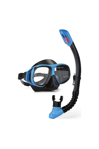 Profesyonel Şnorkel İki Parçalı Silikon Tam Kuru Şnorkel Büyük Çerçeve Sis Geçirmez Dalış Gözlüğü Seti Mavi