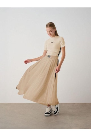 Kız Çocuk Yarım Balıkçı Yaka Tül Tasarım Etekli Takım-14934 Bej