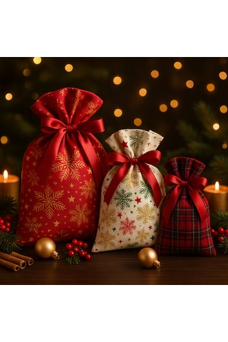 Yılbaşı Temalı Kumaş Hediye Kesesi 3 Lü Set Kırmızı, Ekoseli Ve Kar Tanesi Desenli 12 17 17 25 25 35cm 3'lü Set