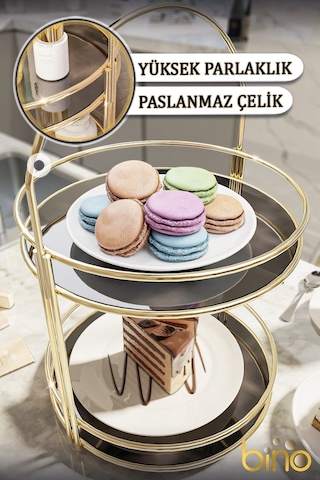 Bino Servis Sunum İkramlık Gold Büyük Lüks 2 Katlı 40cm Organizer Mutfak Düzenleyici Pasta Standı