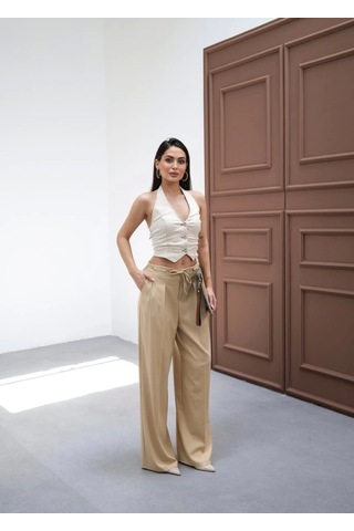 Defymoda Beli Lasti K Ve Bağcikli Geni Ş Paça Pantolon Bej