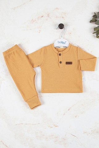 Babydonat Çizgili Kumaş Pamuk Unisex Takım 2'li Hardal