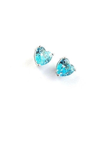 Sky Diamond Blue Aquamarin Taşlı Minimal Kalp Küpe Gümüş