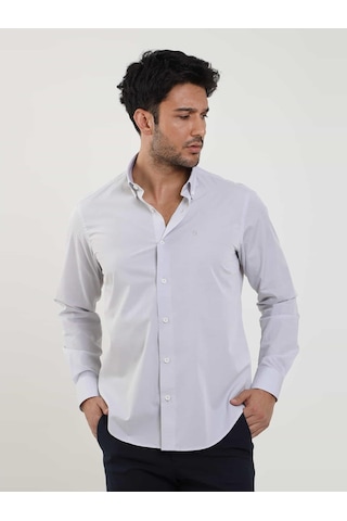 Dufy Gri Erkek Regular Fit Düz Brent Düğmeli Yaka Uzun Kol Gömlek - 102279-gri Gri