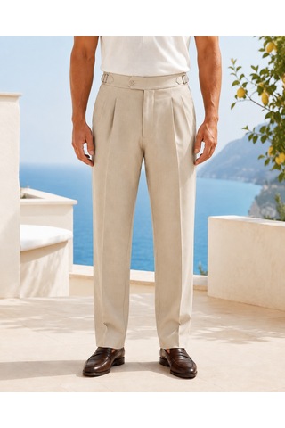 Danger Erkek Viskon Karışımlı Yan Tokalı Pileli Baggy Pantolon Bej 0171dngr