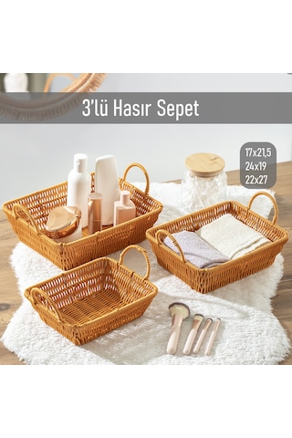 Porsima 301d 3lü Düzenleyici Dikdörtgen Hasır Sepet Seti Ekmeklik