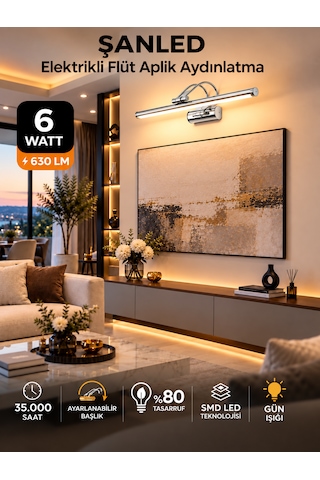 6w Elektrikli Flüt Led Aplik Krom Renk Gün Işığı Ayarlanabilir Başlık
