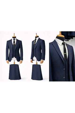 Erkek İtalyan Kesim Slim Fit Yelekli Takım Elbise - 7503 Lacivert