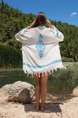 Dokubba Plaj Kimono - Ağaç Baskılı - Keten Dokuma Krem -mavi Krem -mavi