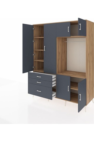 Kronos Gardrop 7 Raflı 3 Çekmeceli Tek Askılı 176x59x221 Çam-antrasit Antrasit