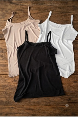Demirsa Boutique Bambu Kumaş Kadın Atlet İnce Askılı Ten, Siyah Ve Beyaz Renk 3'lü Set Beyaz-ten-siyah