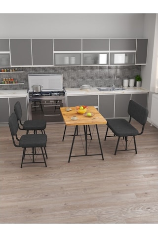 Hayat 70 X 110 Atlantik Mutfak Masası, Mutfak Masası Takımı, Yemek Masası, 2 Sandalye 1 Bench - Antrasit Antrasit