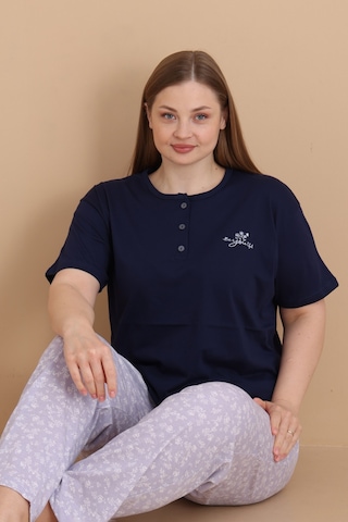 Wordex Mirano 4514 Çiçekli Kısa Kollu Pamuklu Penye Büyük Beden Kadın Pijama Takımı Lacivert