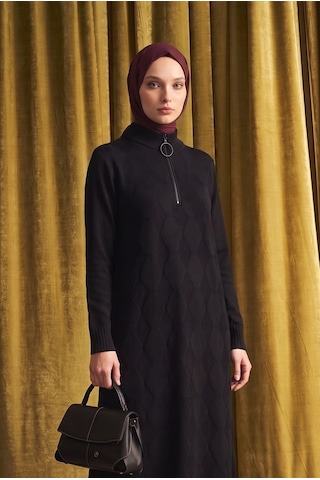 Armine Trend Baklava Desenli Fermuar Yaka Uzun Triko Tunik Siyah 25ktd4112