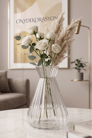 Modern Çizgili Cam Vazo 22 Cm Şeffaf Dekoratif Çiçeklik, Minimal Tasarım Masa & Salon Vazosu
