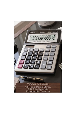 Hesap Makinesi Siyah Gri 14.5x19cm 1 Adet Ticon Ch-6412 12 Haneli Orta Boy Ofis Büro Masaüstü Hesap Makinası