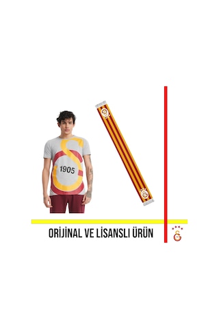 Galatasaray Lisanslı Büyük Logolu Gri T-shirt Ve Çubuklu Şal Atkı Gri