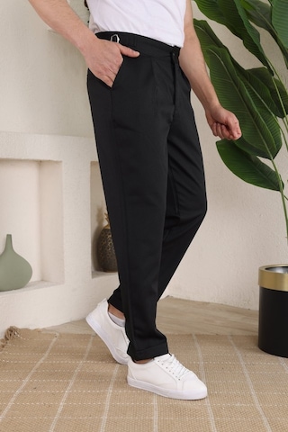 Erkek Duble Paça Yandan Tokalı Cord Desenli Old Money Pantolon Siyah