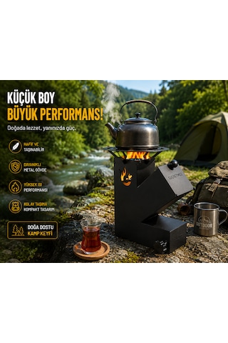 Roket Soba, Rocket Stove 27x21x9,5 Kamp Ocağı, Odun Veya Pelet Kolay Yakıt Besleme Kapağı Ve 800 Derece Isıya Dayanıklı 2 Mm Çelik Üretim Siyah