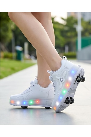 2256-n-drops Led Işıklı Çift Tekerlekli Akıllı Bağcıklı Unisex Çocuk Patenli Ayakkabı Beyaz