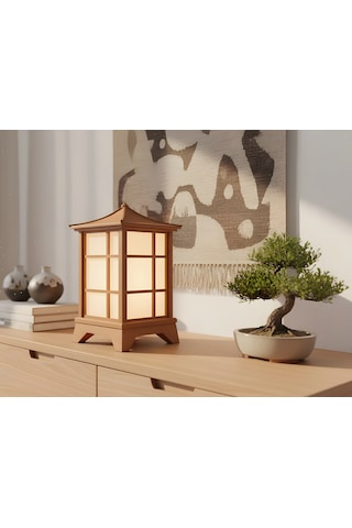 Modern Japon Feneri Masa Lambası - E14 Duy - Dekoratif Abajur - Salon Yatak Odası - 3d Tasarım Kahverengi - Beyaz