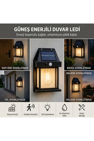 Ampul Model 3 Modlu Solar Led Duvar Lambası, Güneş Enerjili, Şarjlı Kablosuz Dış Mekân Apliği, Bahçe 13748759